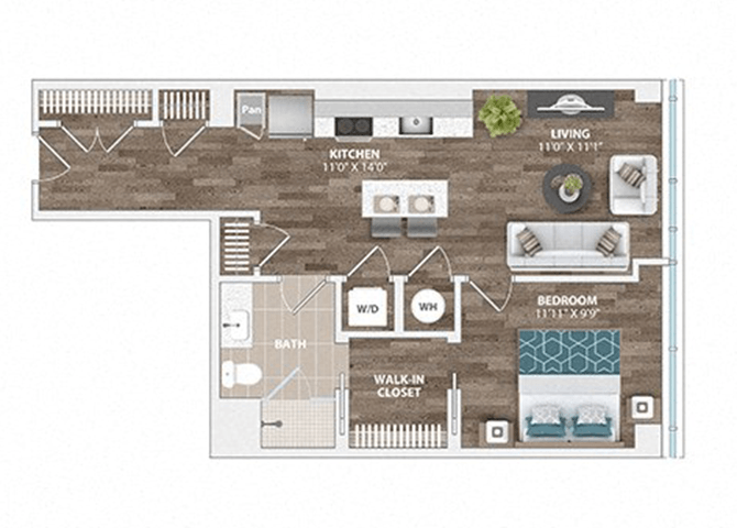 Floor plan for 1 bed, 1 bath, 683 sqft